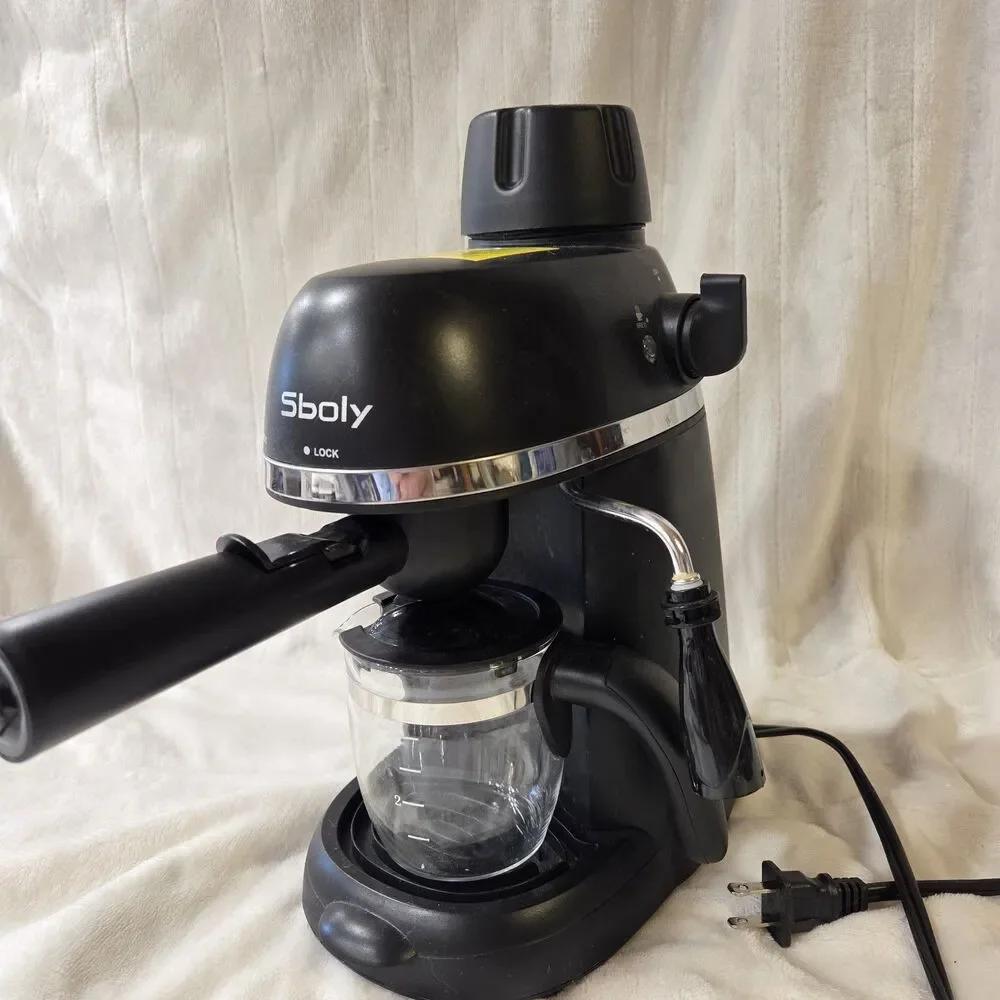 Sboly Black Espresso Machine for Ground Coffee 4-Cup Steam Wand Analog